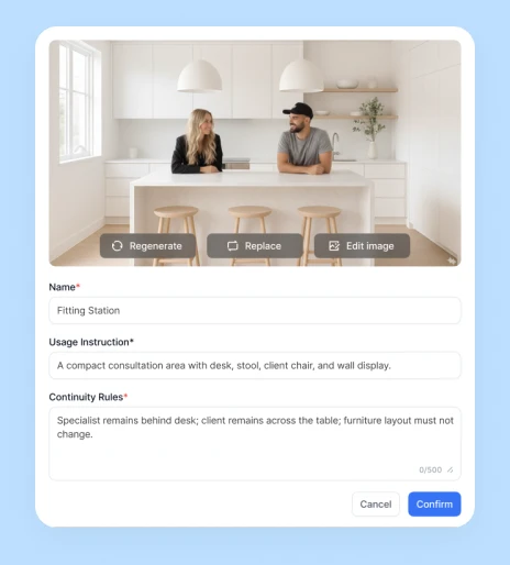 Visla AI storyboard interface for reviewing characters and scenes before generating a manager training video
